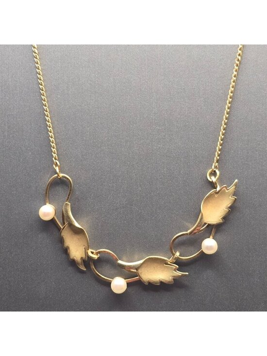 De Curtis DEC Jewelry - Vintage De Curtis DCE 14K Gold Filled Pearl Leaf Choker Necklace 14" Mid Century